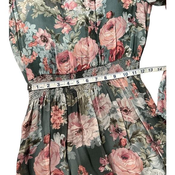 Zara Emerald Green Floral Chiffon Midi Dress Size Small Sheer Overlay with Slip - Picture 9 of 13